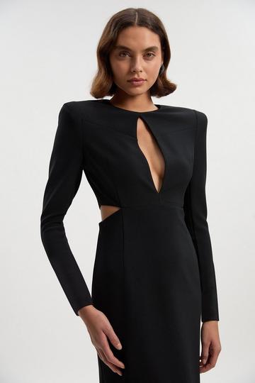 Black Scuba Crepe Plunge Mesh Paneled Maxi Dress