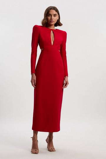 Scuba Crepe Plunge Mesh Paneled Maxi Dress dark red