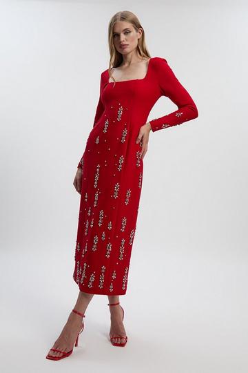 Red Petite Crystal Embellished Scuba Crepe Bandeau Midi Dress