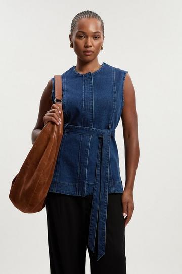 Plus Size Denim Sleeveless Belted Jacket dark blue