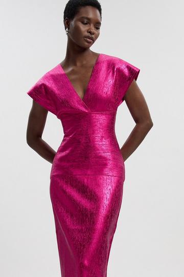 Pink Foil Metallic Figure Form Angel Sleeve Knit Maxi Dress