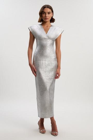 Silver Foil Metallic Figure Form Angel Sleeve Knit Maxi Dress