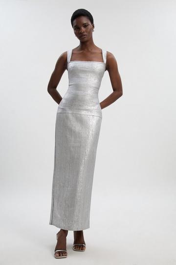 Foil Metallic Figure Form Strappy Knit Maxi Dress silver