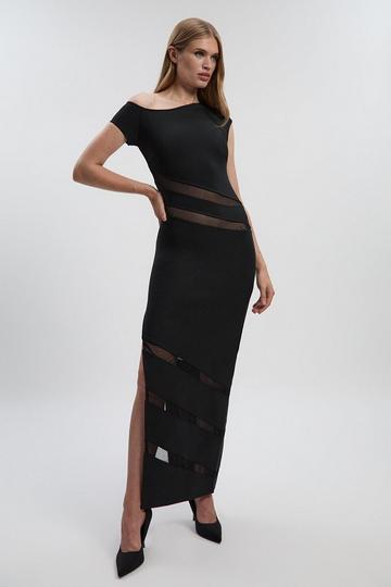 Black Asymmetric Neck Figure Form Mesh Panel Maxi Dress