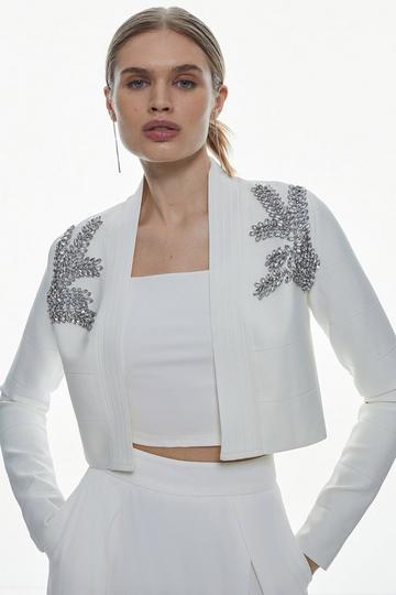 Figure Form Bandage Embellished Feather Cuff Crop Knit Jacket ivory