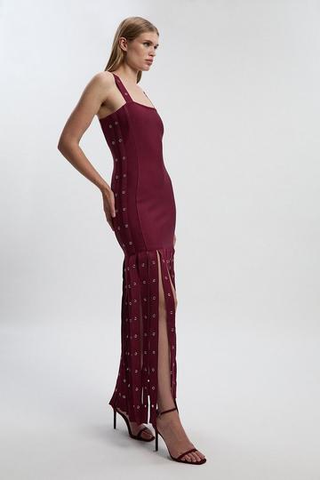 Strappy Eyelet Detail Fringe Figure Form Midi Dress burgundy