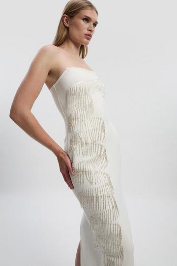 Embellished Fringe Bandeau Figure Form Maxi Dress ivory