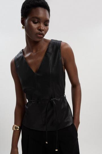 Faux Leather Tie Waist Tailored Top chocolate