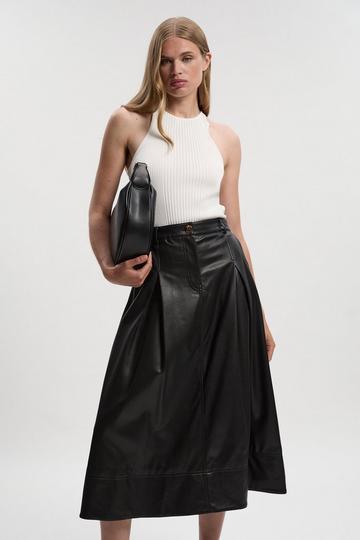 Black Faux Leather Tailored Full Midi Skirt
