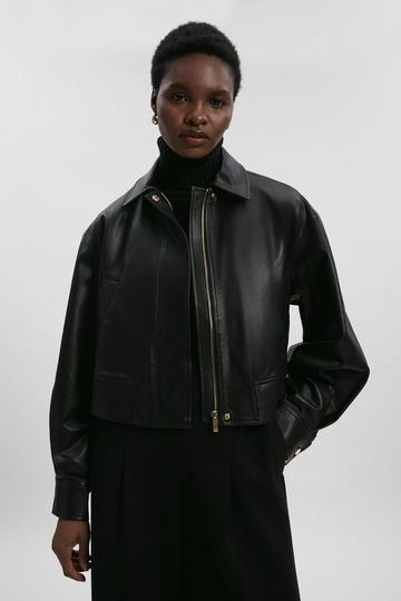 Black Faux Leather Tailored Bomber Jacket