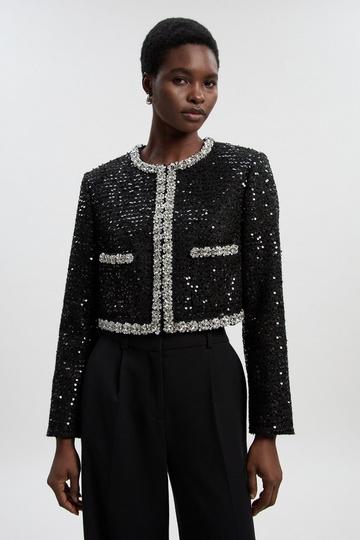 Black Sequin Tweed Embellished Cropped Tailored Jacket