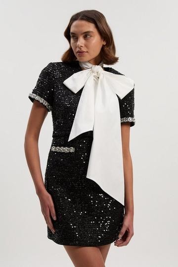 Black Tailored Sequin Tweed Tie Bow Neck Embellished Mini Dress