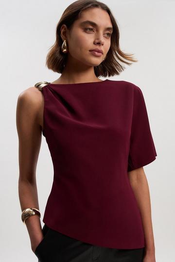 Soft Tailored Trim Detail Asymmetric Top burgundy