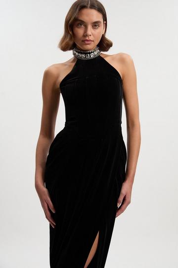 Black Petite Tailored Velvet Halter Embellished Neck Midi Dress