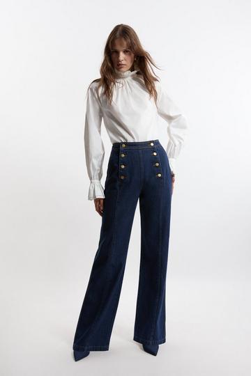 Petite Denim Tailored Button Front Straight Leg Jeans indigo