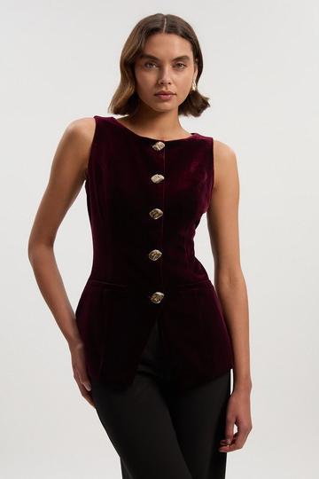 Tailored Velvet Statement Button Front Waistcoat burgundy