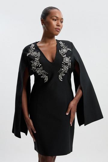 Plus Size Bandage Form Fitting Cape Sleeve Embellished Mini Dress black