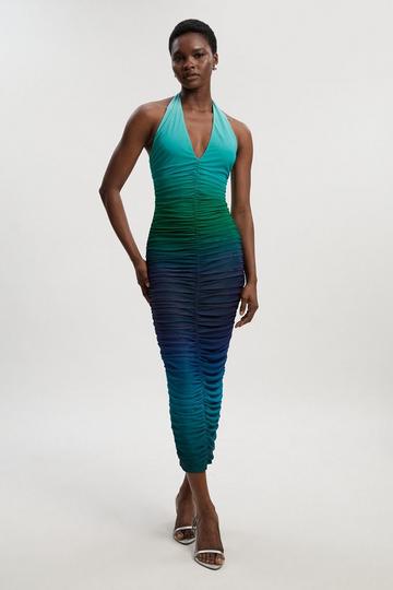 Green Ombre Mesh Plunge Halter Neck Midi Dress