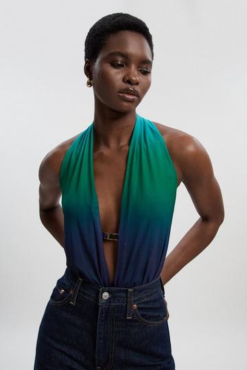 Green Halter Neck Trim Detail Plunge Ombre Mesh Bodysuit