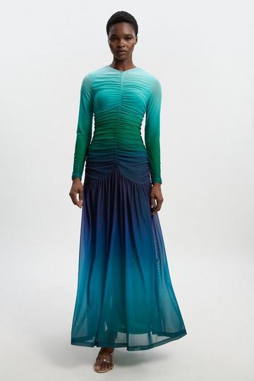 Long Sleeve Ombre Mesh Maxi Dress green