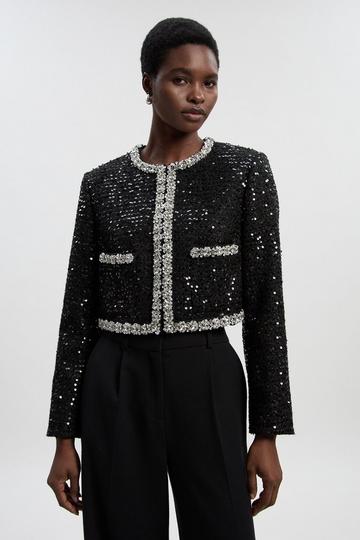 Petite Tailored Sequin Tweed Embellished Cropped Jacket black