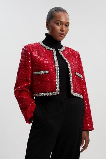 Plus Size Tailored Sequin Tweed Embellished Cropped Jacket red