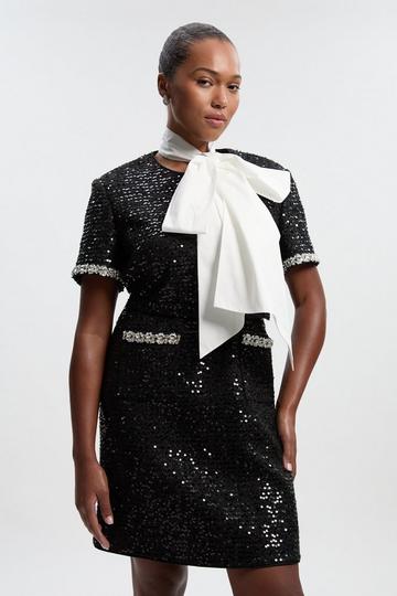 Plus Size Tailored Sequin Tweed Tie Bow Neck Embellished Mini Dress