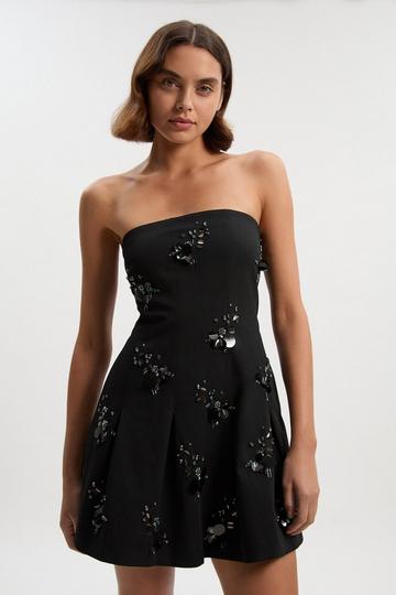 Black Cluster Sequin & Crystal Embellished Bandeau Tailored Mini Dress