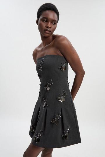 Cluster Sequin & Crystal Embellished Bandeau Tailored Mini Dress grey