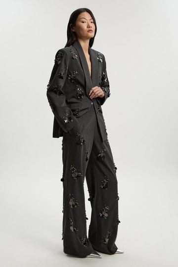 Grey Petite Cluster Sequin & Crystal Embellished Tailored Wide Leg Trouser