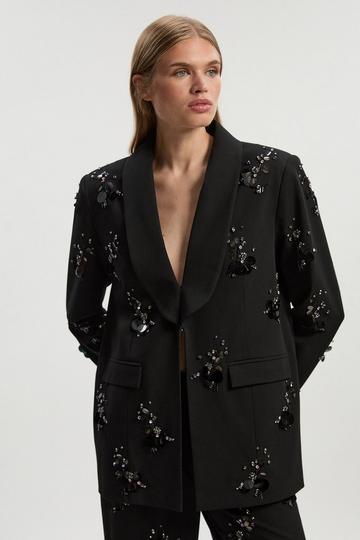 Cluster Sequin & Crystal Embellished Tailored Single Breast Blazer black