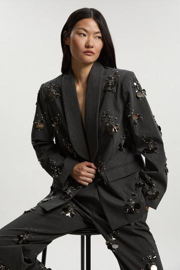 Grey Cluster Sequin & Crystal Embellished Tailored Single Breast Blazer