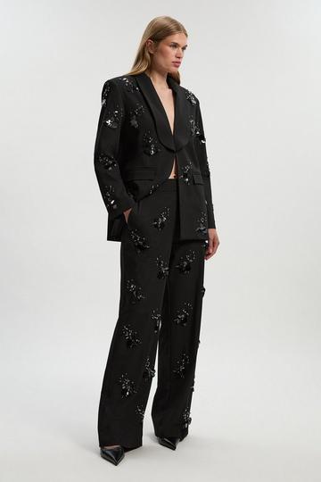 Cluster Sequin & Crystal Embellished Tailored Wide Leg Trouser black