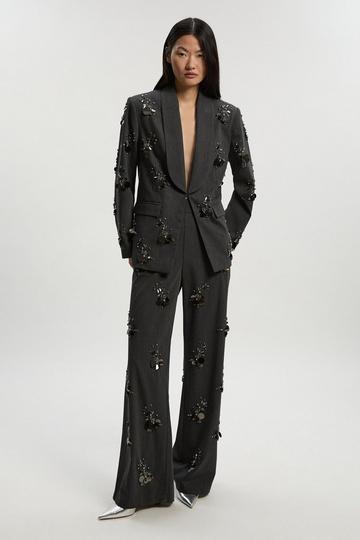Grey Cluster Sequin & Crystal Embellished Tailored Wide Leg Trouser