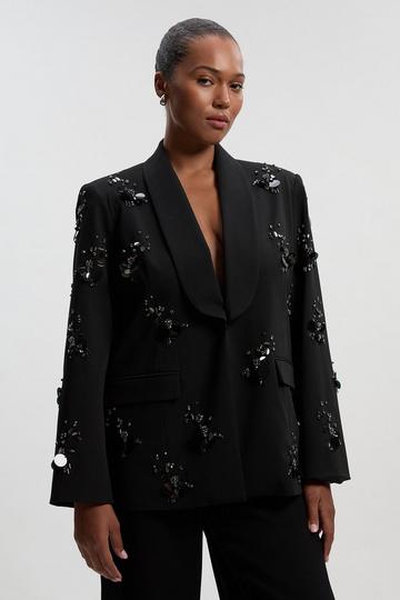 Plus Size Cluster Sequin & Crystal Embellished Tailored Single Breast Blazer black