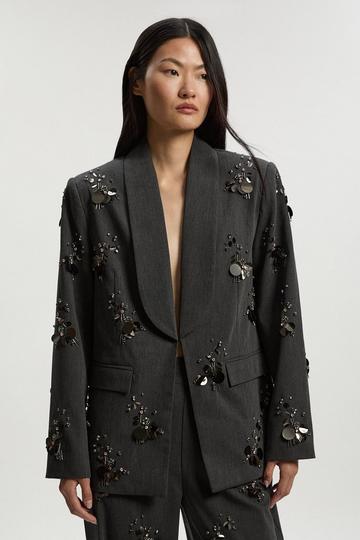 Petite Cluster Sequin & Crystal Embellished Tailored Single Breast Blazer grey