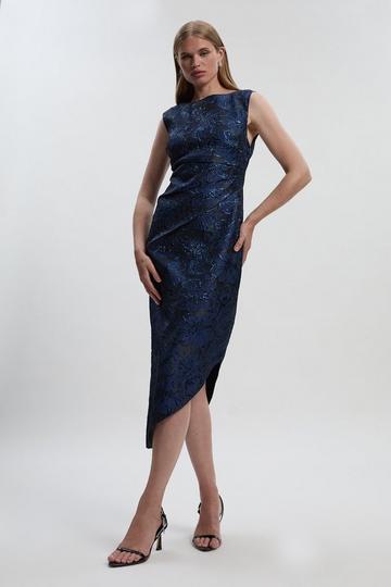 Floral Textured Jacquard Asymmetric Pencil Dress blue