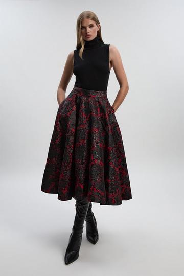 Floral Jacquard Tailored Full Prom Skirt red