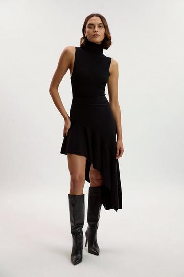 Viscose Blend Asymmetric Hem Knit Midi Skirt black