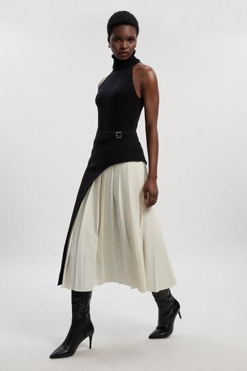 Tailored Buckle Detail Pleated Midi Skirt mono