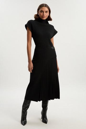 Tailored Buckle Detail Pleated Midi Skirt black