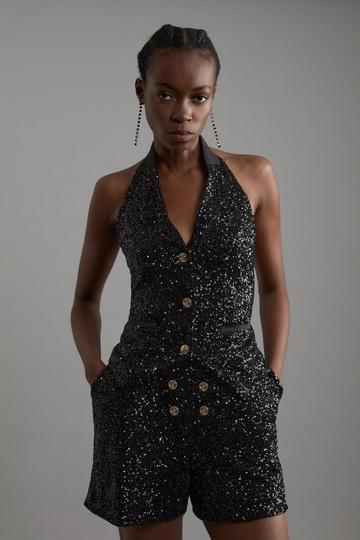 Tall Sequin Halter Neck Waistcoat black