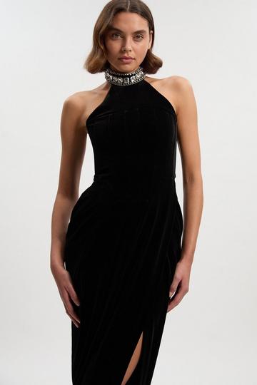 Black Tailored Velvet Halter Embellished Neck Midi Dress