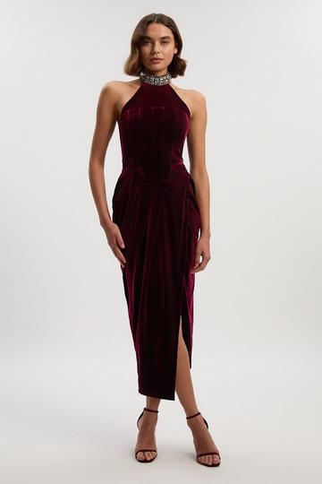Tailored Velvet Halter Embellished Neck Midi Dress burgundy