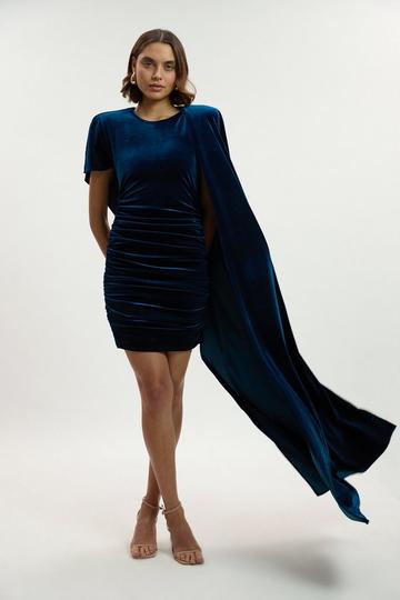 Blue Stretch Jersey Cape Shoulder Mini Dress