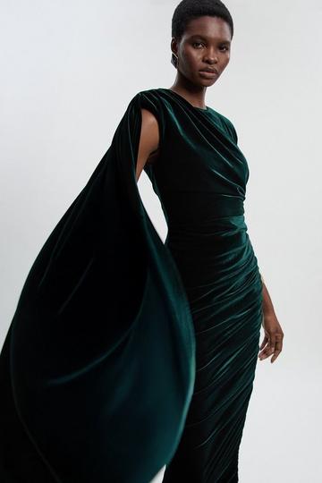 Stretch Velvet Crew Neck Cape Shoulder Maxi Dress emerald