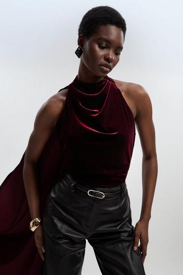 Stretch Velvet High Neck Cape Shoulder Bodysuit burgundy