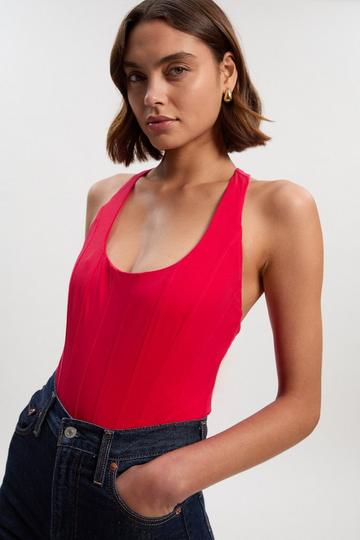 Red Cotton Elastane Corset Detail Scoop Neck Bodysuit