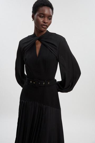 Ponte And Georgette Mix Balloon Sleeve Cut Out Detail Pleated Maxi Dress black