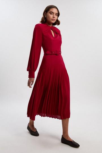Ponte And Georgette Mix Balloon Sleeve Cut Out Detail Pleated Maxi Dress burgundy